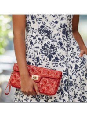 SR Squared Sondra Roberts Shiny Red Quilted Large Clutch with Wrist Strap